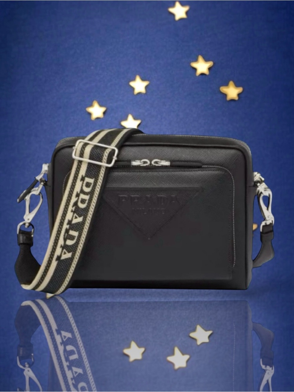 🆕💞PRADA BANDOLIERA BLACK Saffiano Cuir Logo Emboss Bag Silver-Tone Metal UNISEX
